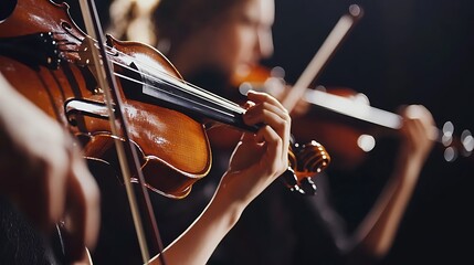 Close-up of two violinists performing.