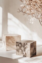 minimalistic, neutral toned mockup setting with two textured dark marble stone blocks podiums casting long, sharp shadows on a clean, matte background