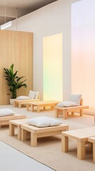 Fototapeta premium A child-friendly office with colorful holographic projectors for brainstorming ideas, inviting, modern