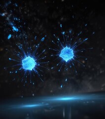 Fototapeta premium Glowing blue particles suspended in mid-air amidst a dark background, glowing specks, interstellar haze