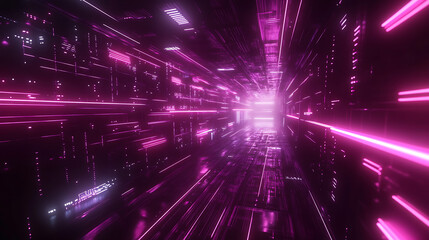 Obraz premium Neon Tunnel: A mesmerizing journey through a digital landscape, the vibrant pink neon lines create a sense of speed and dynamism. The abstract design evokes themes of technology, innovation.