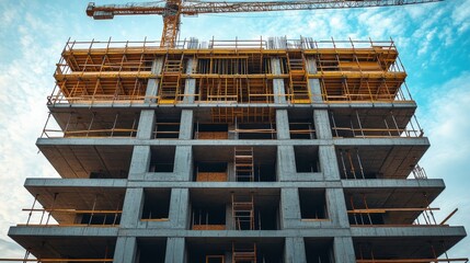 High-rise concrete building under construction with scaffolding