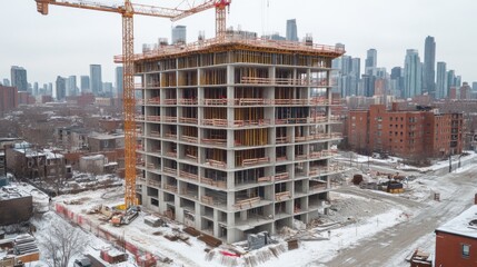 Construction site with buildings under construction and cranes during winter