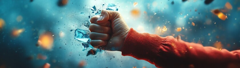 Fototapeta premium Fist breaking glass ceiling, empowering women and minorities, social justice representation, career opportunities, diversity in leadership roles, 8K sharp detail, photorealistic