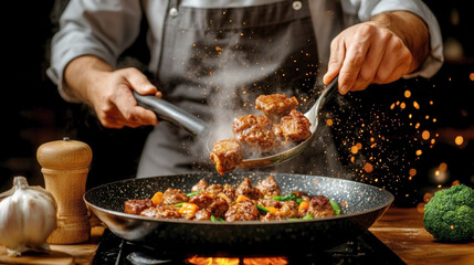 Chef tossing delicious hot steaming beef stew in a pan