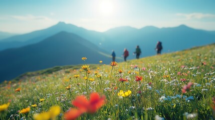 Hikers in mountain meadow with vibrant wildflowers and clear sky