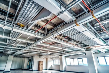 Obraz premium Minimalist office needs ceiling repair: leaking pipes, electrical issues, and visible panels.