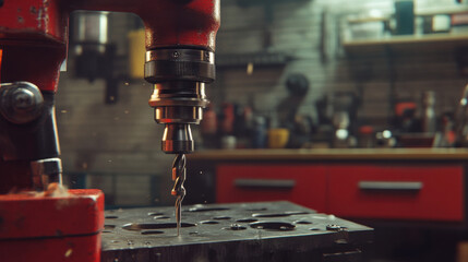 Close-Up of a Red Industrial Drill Press in a Workshop Setting with Shiny Metal Parts and Tools in the Background, Capturing the Essence of Metalworking Craftsmanship