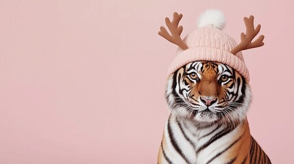 happy tiger in a deer hat ,new year,funny animal	