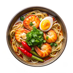 Noodles ramen in spicy soup with shrimps with white background