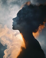 Profile Silhouette of a Woman Surrounded by Ethereal Smoke Glows