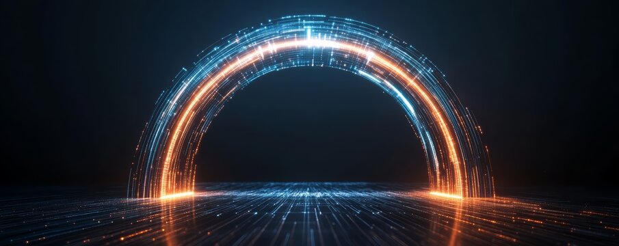 A virtual bridge connecting two business hubs with glowing data streams, clean, cinematic