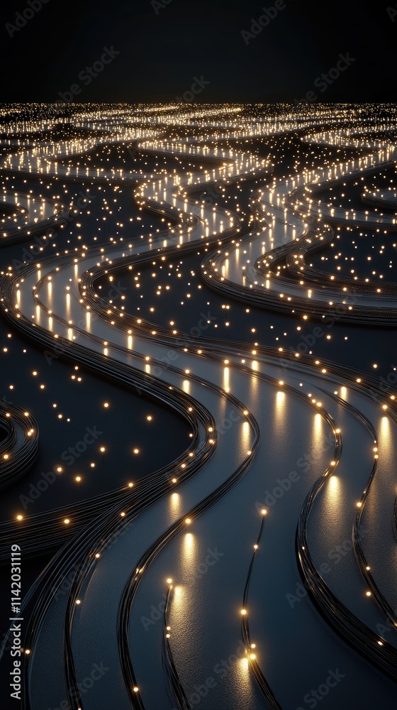 Fototapete A swirling data stream emits vibrant yellow and orange light while creating a mesmerizing effect with depth-of-field and bokeh blur