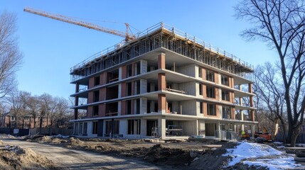 Abandoned construction site with unfinished building under blue sky
