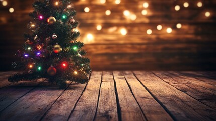 A cozy, festive backdrop featuring distressed wooden textures, warm wood floors, and a Christmas tree glowing with multi-colored lights