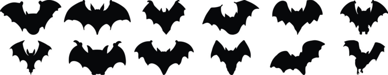 Bat silhouettes set, animal pack of vector silhouette design, isolated background