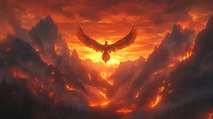 Fiery Phoenix Soaring Above Volcanic Mountains