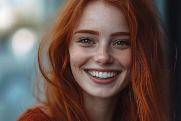 Fototapeta premium Portrait of smiling red-haired young woman with freckles close-up looking at camera.