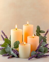 Soft Spa Candles Arrangement, Tranquil Spa Candles with Natural Accents
