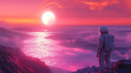Obraz premium Journey into the cosmos where a lone astronaut gazes at a vibrant sunset over alien oceans filled with celestial wonder