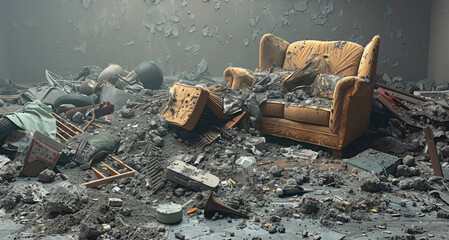 Fototapeta premium Disturbed furniture and debris on the ground, post-apocalyptic.