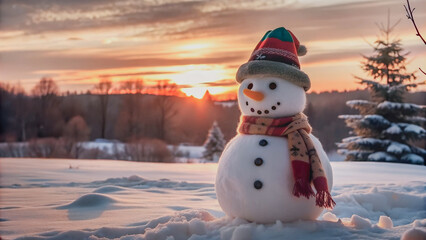 Obraz premium A charming snowman stands sentinel against a backdrop of a winter sunset.Golden hour illuminates a snow-covered landscape, highlighting a cheerful snowman. 