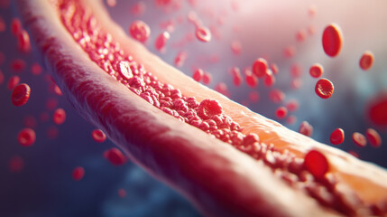3D Visualization of Human Blood Flow inside Artery with Red Blood Cells, Capturing the Intricate Movement and Dynamics of Circulatory System Health and Functionality