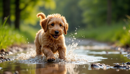 Golden Puppy Playing in a Stream