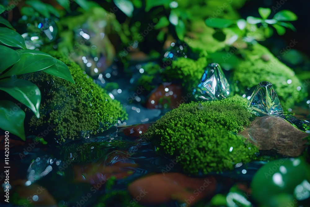 Poster a close-up of vibrant moss-covered rocks in a hidden forest stream