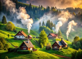 Misty mountain village: idyllic rural homes, cozy cottages grace rolling hills, perfect for serene landscape photography.