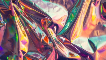 Vibrant Iridescent Foil Texture. Shiny, Reflective, Multicolored Wrinkled Metallic Surface Futuristic Design, Abstract Background, Modern Artwork, Creative Projects, Wallpapers Digital Art Inspiration