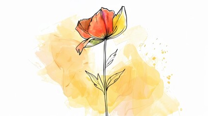 A simple drawing of a flower, a poppy, with a similar pink, yellow watercolor background.