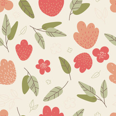 Seamless pattern with leaves and flowers. Simple minimalistic wallpaper with nature element.