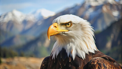 Obraz premium Majestic bald eagle, focused gaze, against a backdrop of snow-capped mountains.Close-up view of an eagle's head and neck, showcasing intricate plumage details.