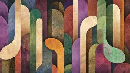 An arrangement of rounded, vertical shapes in various colors, including shades of brown, beige, green, and purple