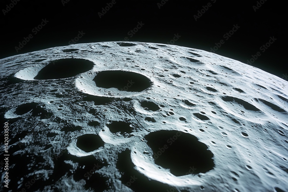 Poster A close-up of the surface of the moon with high-resolution craters and shadows
