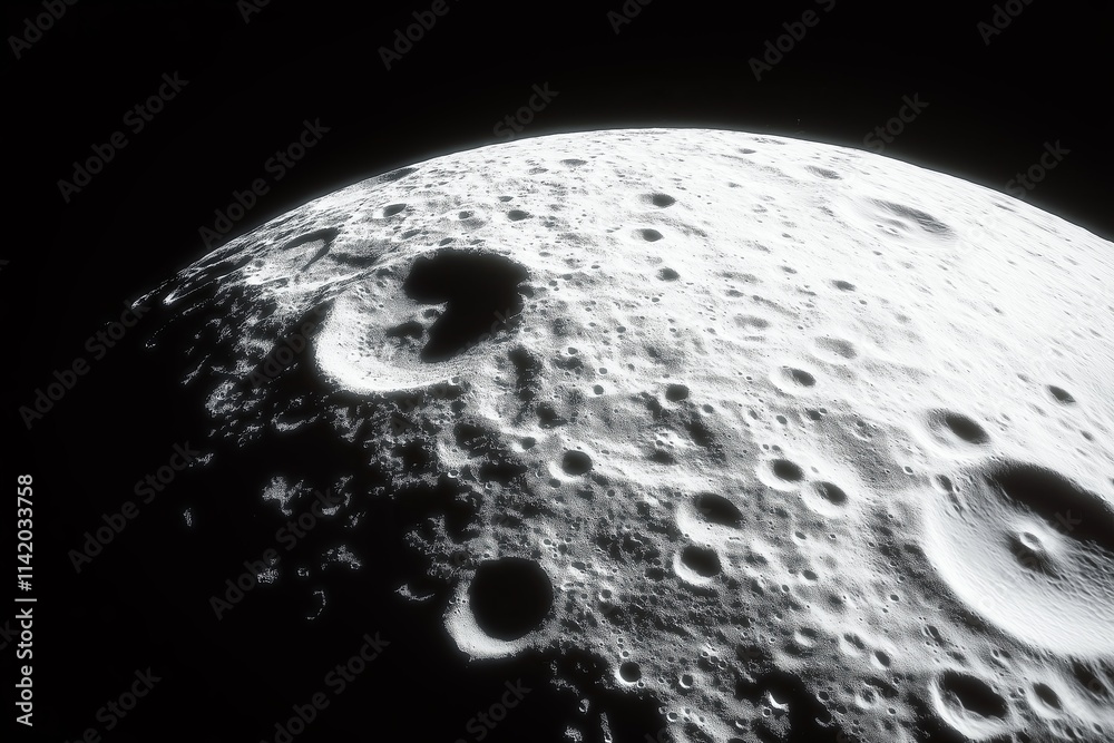 Poster A close-up of the surface of the moon with high-resolution craters and shadows