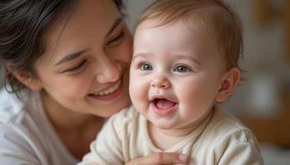 A photo of a mother with her cute child, the interaction between mother and child is very useful for the child's mental development