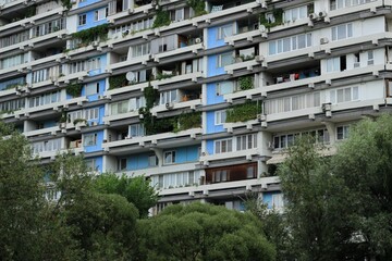 Facades of blue residential buildings in the Severnoye Chertanovo district. Moscow, Russia.