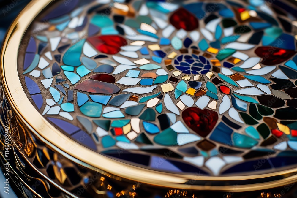 Poster a close-up of a vibrant turkish mosaic lamp with intricate designs.