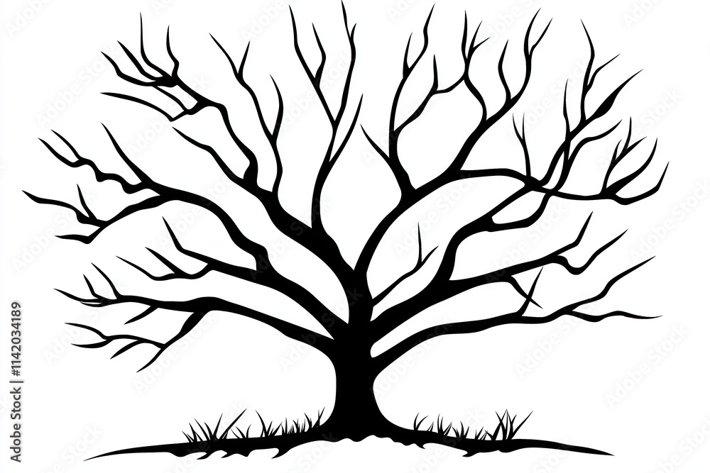 Poster a black-and-white minimalist line drawing of a leafless tree.