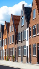 Fototapeta premium Traditional European Brick Row Houses With Gable Roofs, Architectural Style, Historic Street