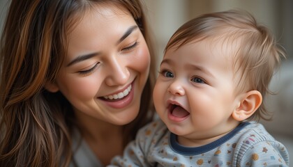 A photo of a mother with her cute child, the interaction between mother and child is very useful for the child's mental development