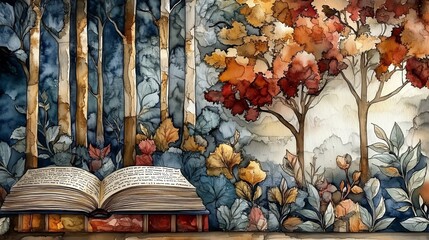 Open book with autumn leaves and forest backdrop in watercolor art