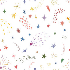 Whimsical Seamless Pattern with Stars, Hearts, and Colorful Shapes in the PNG format.