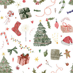 Colorful Christmas Seamless Pattern with Christmastrees, , Christmas trees, gift boxes in the png format.