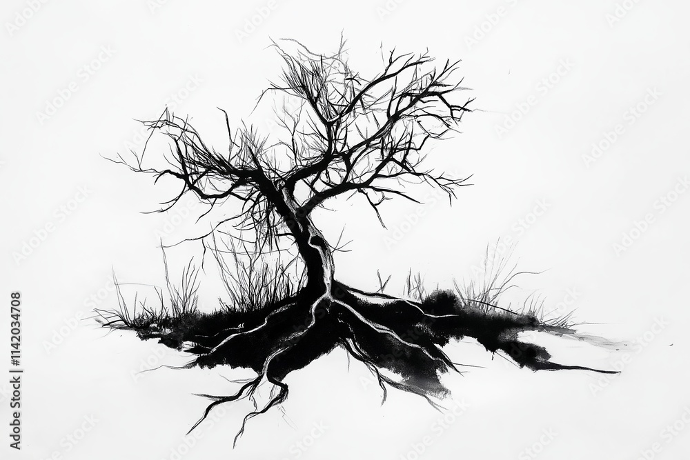 Poster a black-and-white minimalist line drawing of a leafless tree.
