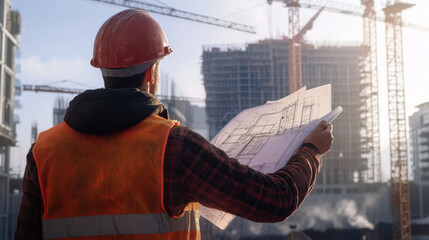 Construction Worker Analyzing Blueprints at Sunrise with Cranes in Background, Urban Development Scene Capturing Workplace Safety and Planning in Action