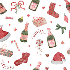 Colorful Christmas Seamless Pattern with champagne bottles, socks, Christmas hats  and gift boxes in the png format.