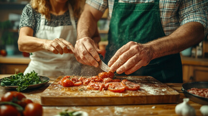 Chefs slicing tomatoes and preparing ingredients in restaurant kitchen